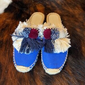 TONIVIS Blue‎ Espadrille Mules Pom Pom Fringe Raffia Slip On Slides Size 8
